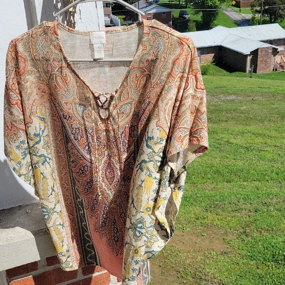 Chico's Orange Tan Short Sleeve Tie Front Tunic Boho